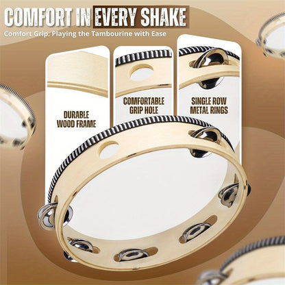 Handheld tambourines in sizes 10.16/15.24/20.32/25.4 cm with metal bells. Great musical gift for kids, ideal for KTV, parties, and other events.