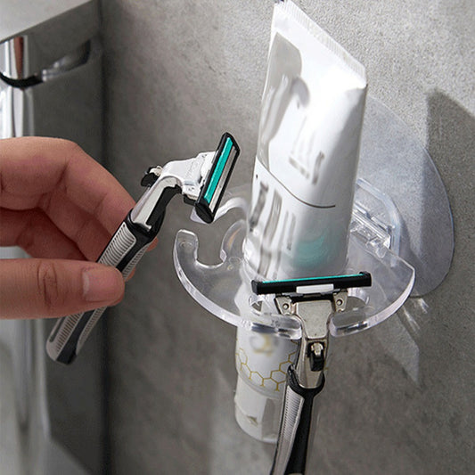 Simple wall-mounted holder for toothbrush and toothpaste, no drilling needed, saves space in the bathroom.