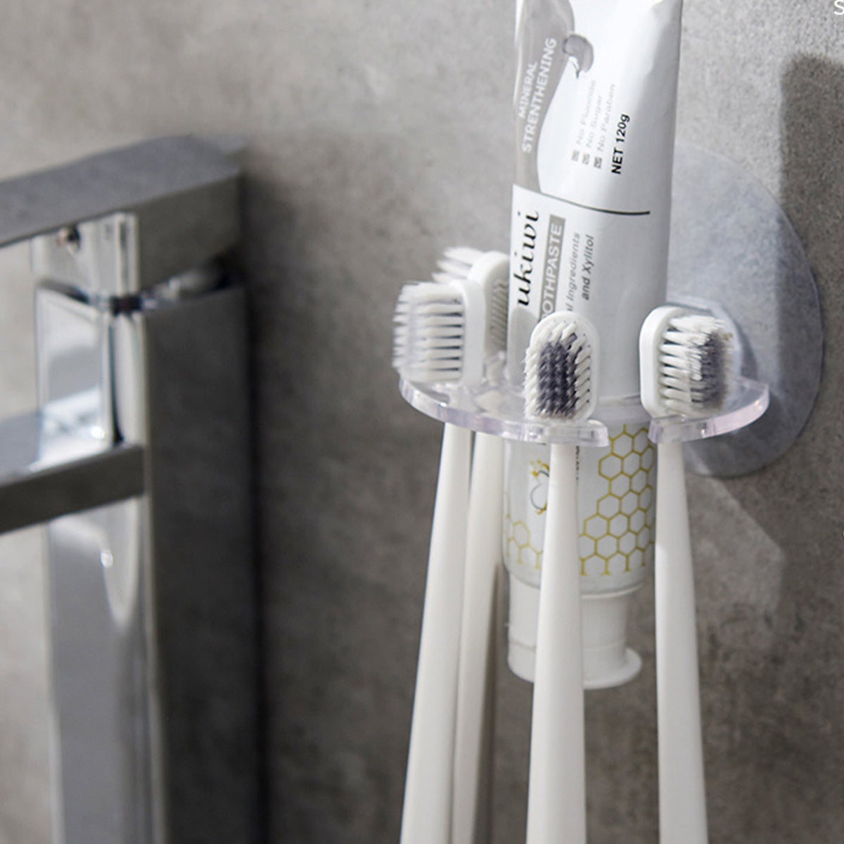 Simple wall-mounted holder for toothbrush and toothpaste, no drilling needed, saves space in the bathroom.