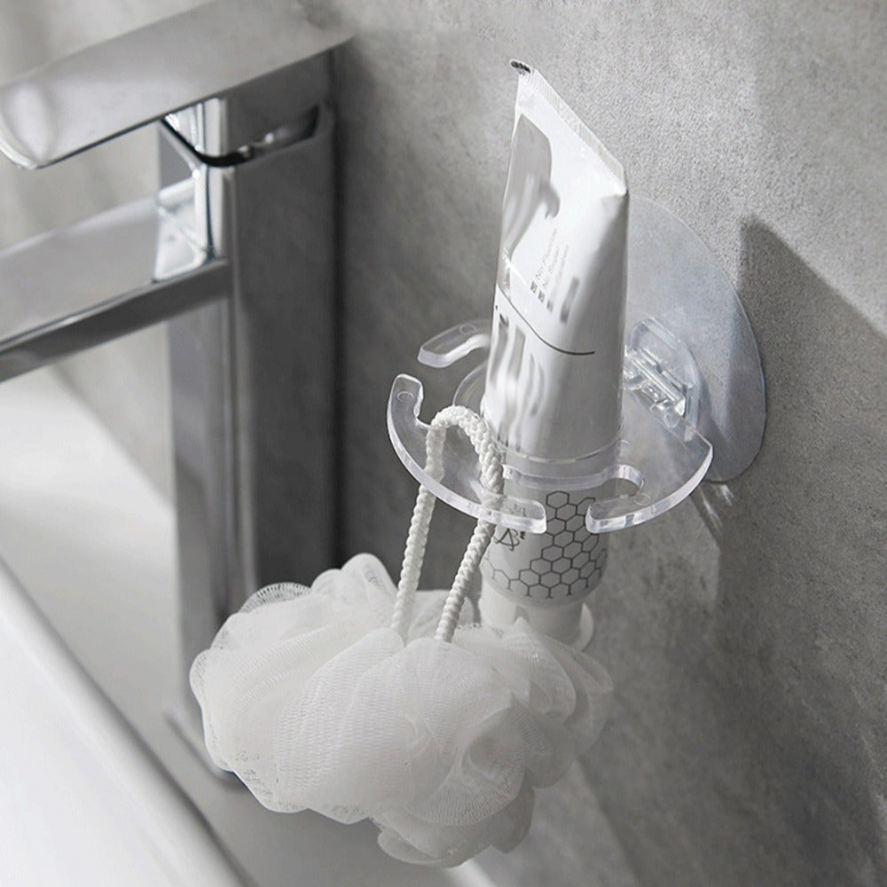 Simple wall-mounted holder for toothbrush and toothpaste, no drilling needed, saves space in the bathroom.