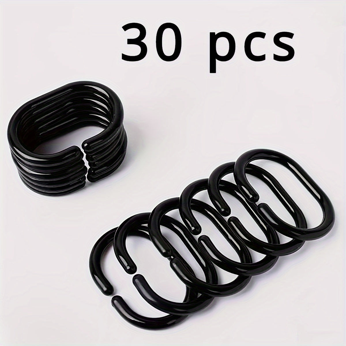 Eco-friendly plastic rings for shower rods - set of 30 durable C-shaped hooks.