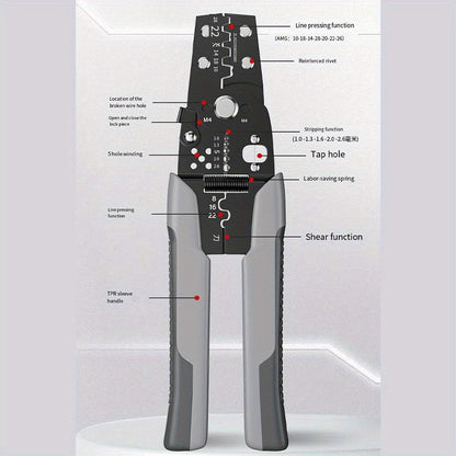 Professional stainless steel wire stripper cutter crimper for electrical cables, self-adjusting crimping pliers for home improvement.