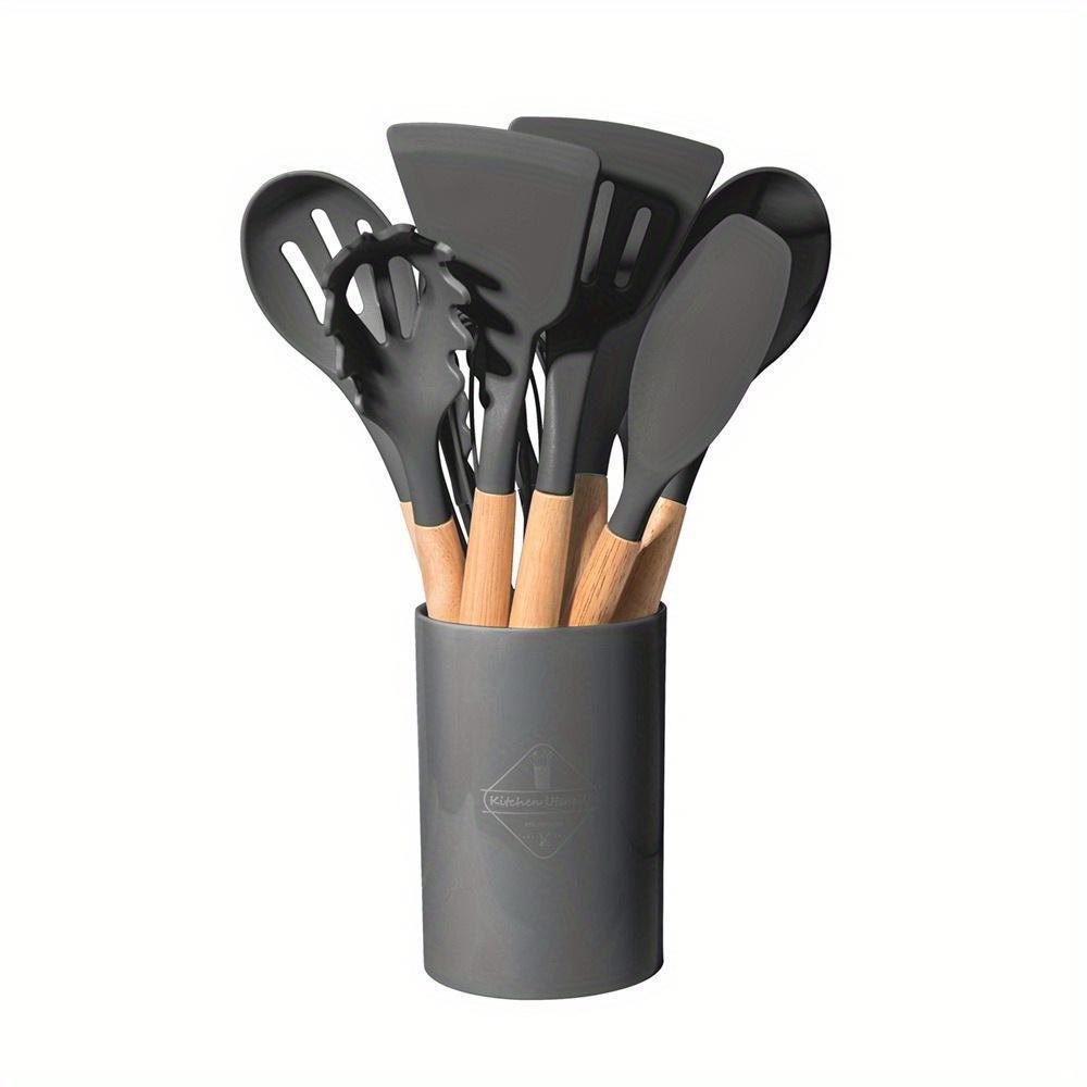 Silicone Kitchen Utensils Set of 12 with Wooden Handles & Storage Barrel - Strong, Non-Stick Cooking Utensils for Home and Restaurant Cooking