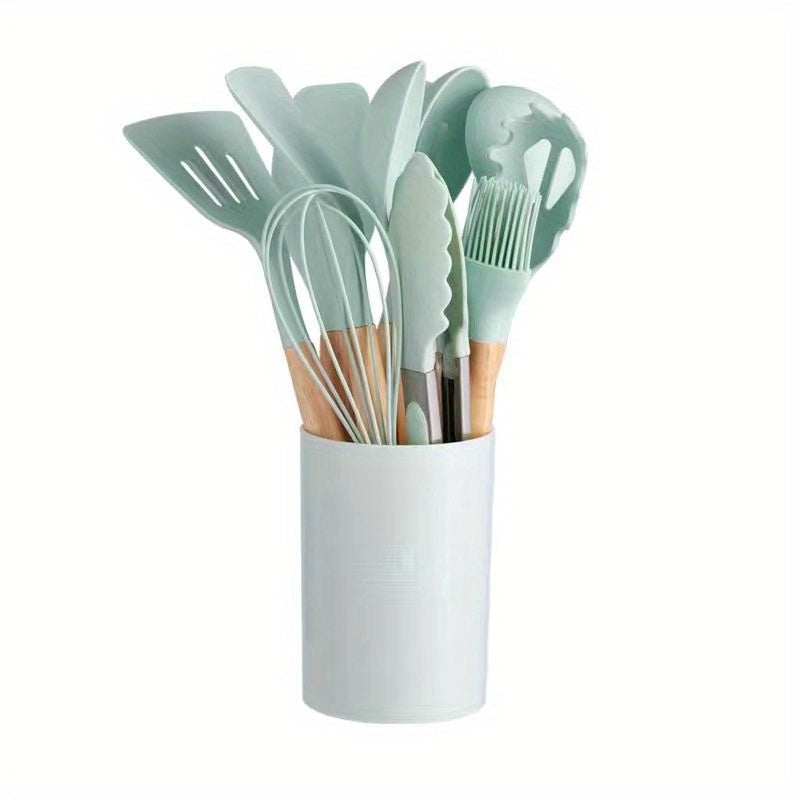 Silicone Kitchen Utensils Set of 12 with Wooden Handles & Storage Barrel - Strong, Non-Stick Cooking Utensils for Home and Restaurant Cooking