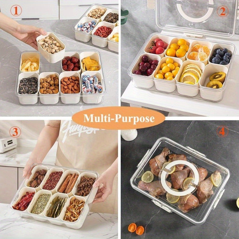 1pc Portable Snackle Box with 8 Compartments and Lid, Perfect for Parties, Clear Container for Candy, Fruits, Nuts, and Snacks.