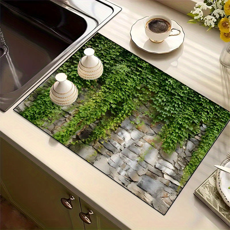 Vibrant Green Plant Wall Print Dish Drying Mat - Heat-Resistant, Waterproof, and Easy to Clean - Perfect for Microwaves, Coffee Makers, Washing Machines, Refrigerators, and Kitchen Countertops - Versatile Tableware Draining Accessory with Anti-Slip