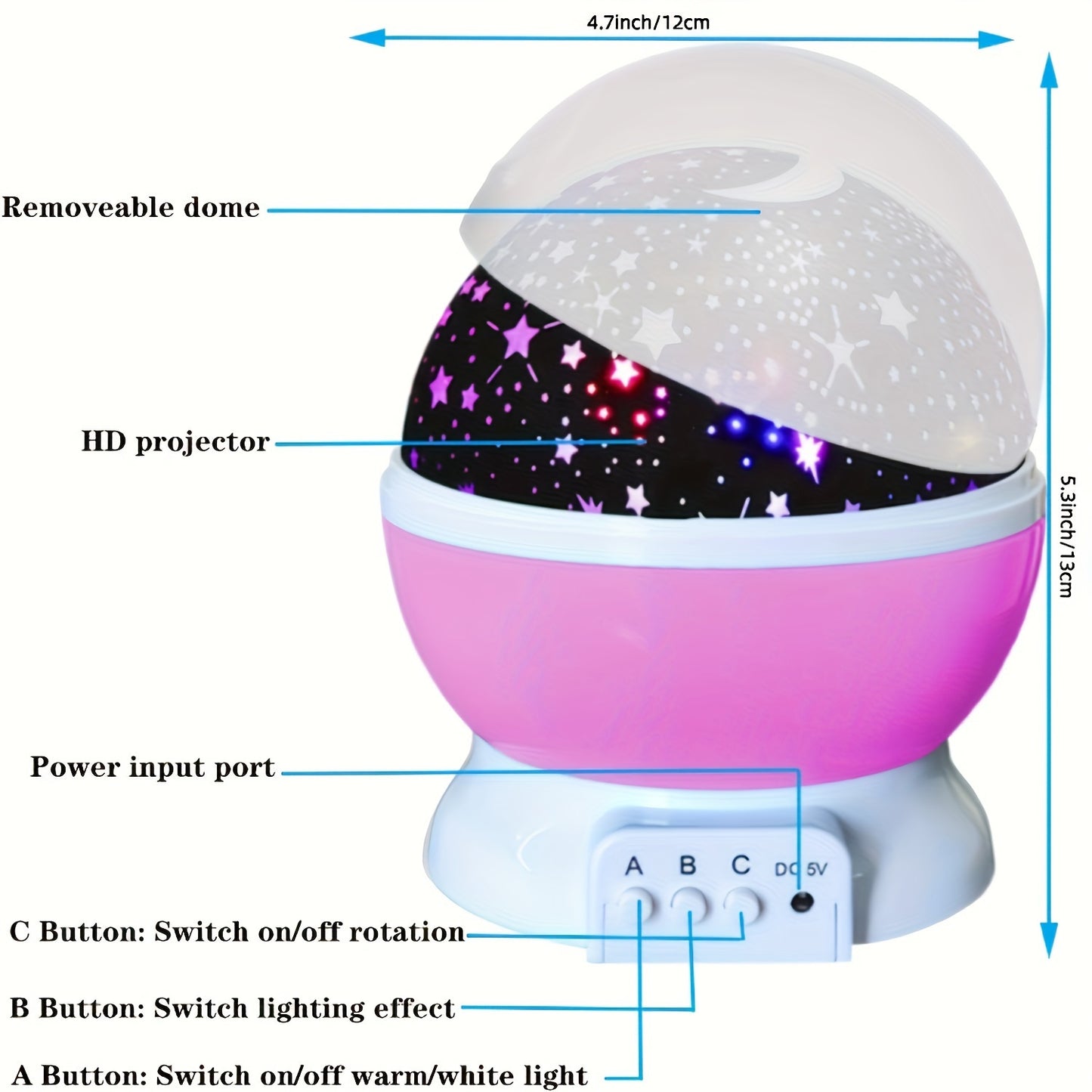 11.94cm USB-Powered Starry Night Sky Projector Lamp with Moon and Stars, 360° Rotating, 9 Color Options, Ideal Gift for All Ages