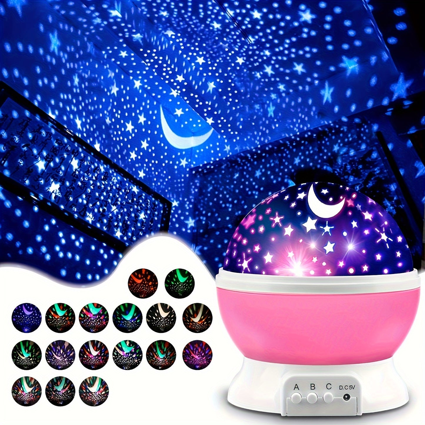 11.94cm USB-Powered Starry Night Sky Projector Lamp with Moon and Stars, 360° Rotating, 9 Color Options, Ideal Gift for All Ages