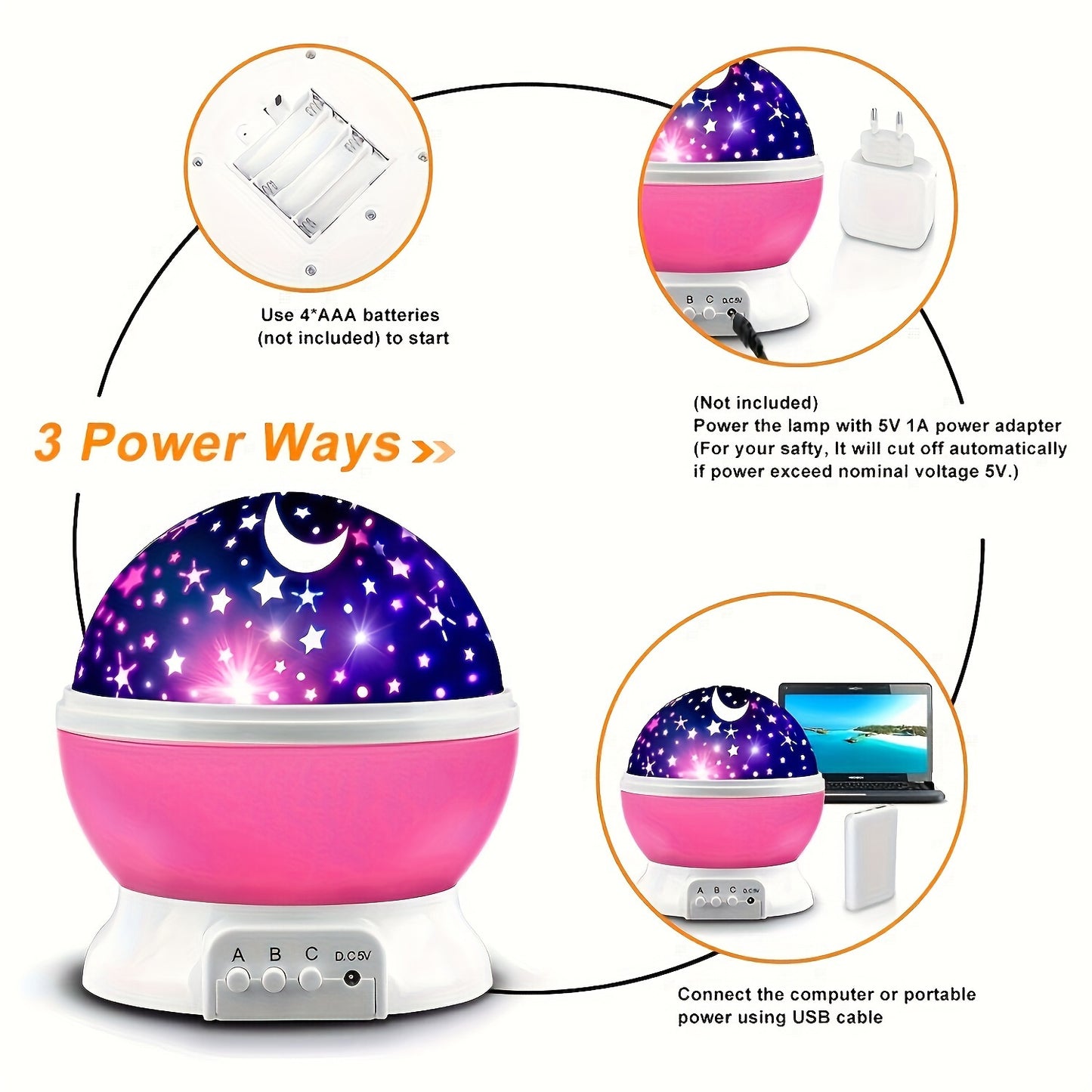 11.94cm USB-Powered Starry Night Sky Projector Lamp with Moon and Stars, 360° Rotating, 9 Color Options, Ideal Gift for All Ages