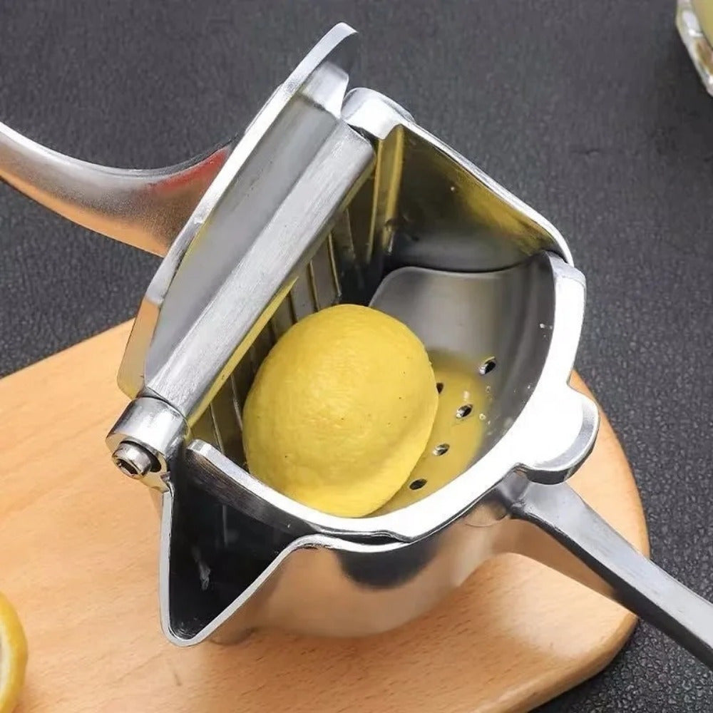 An aluminum alloy kitchen tool designed for manually extracting juice, ideal for squeezing pomegranates, oranges, lemons, and sugar cane in a bar environment.