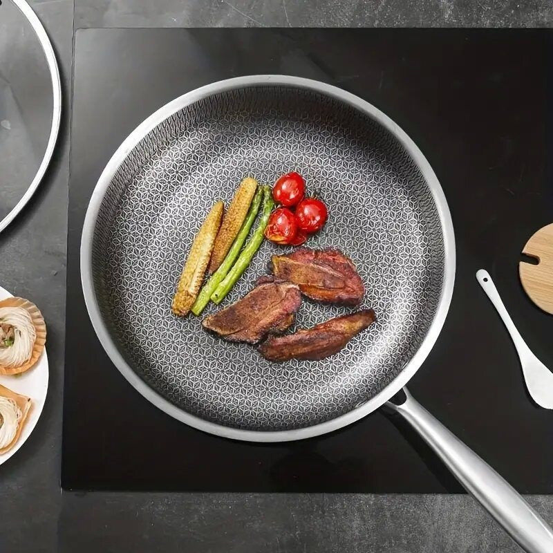 Multipurpose Stainless Steel Frying Pan - Non-Stick Coating, Suitable for Gas & Induction Stoves, Must-Have Kitchen Utensil.