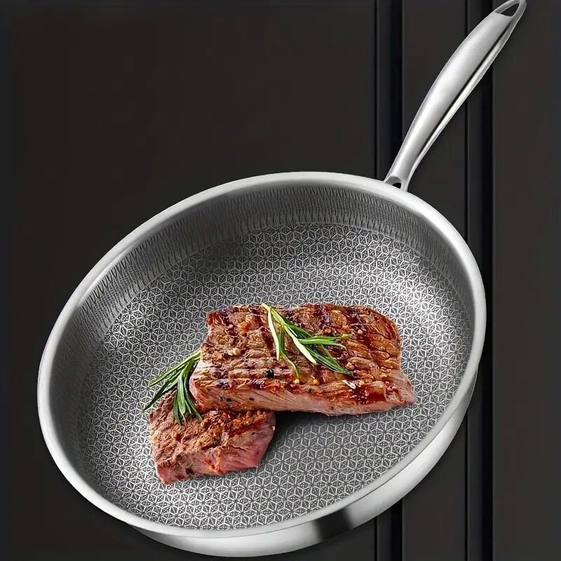 Multipurpose Stainless Steel Frying Pan - Non-Stick Coating, Suitable for Gas & Induction Stoves, Must-Have Kitchen Utensil.