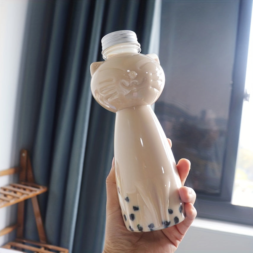 500ml cartoon cat-themed bottle, suitable for milk tea & juice, made of durable PET plastic. Great Valentine's Day gift with storage for fragrant beads and cat accessories.