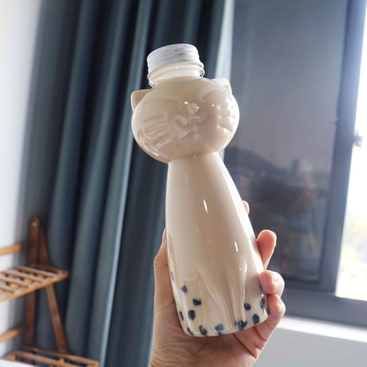 500ml cartoon cat-themed bottle, suitable for milk tea & juice, made of durable PET plastic. Great Valentine's Day gift with storage for fragrant beads and cat accessories.