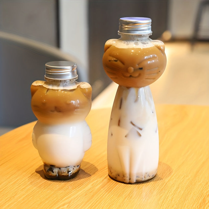 500ml cartoon cat-themed bottle, suitable for milk tea & juice, made of durable PET plastic. Great Valentine's Day gift with storage for fragrant beads and cat accessories.