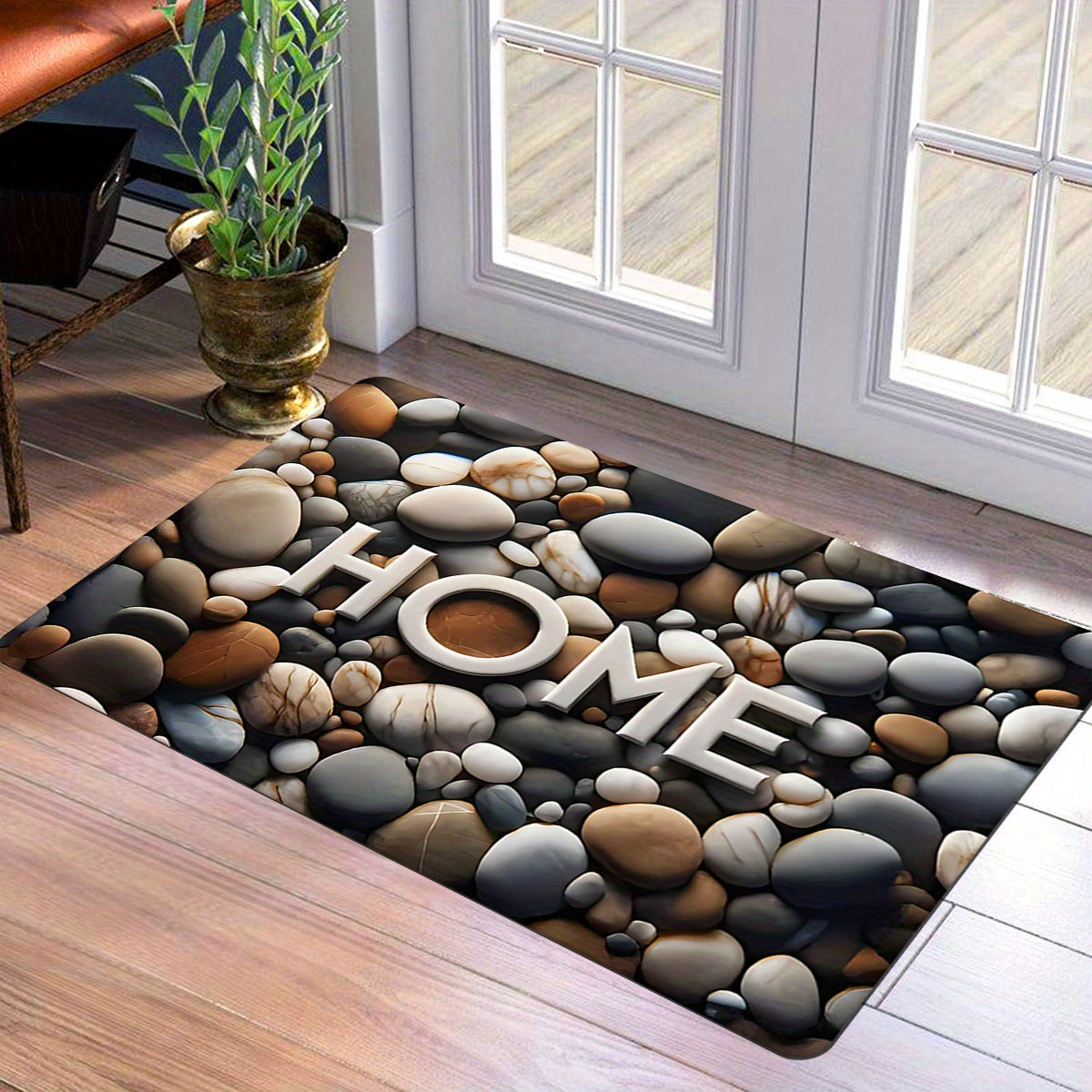 Quick-Dry Pebble Welcome Home Doormat - This durable polyester entrance mat features a colorful stone design and is perfect for indoor or outdoor use. The anti-slip and stain-resistant material makes it ideal for use in the kitchen, laundry room