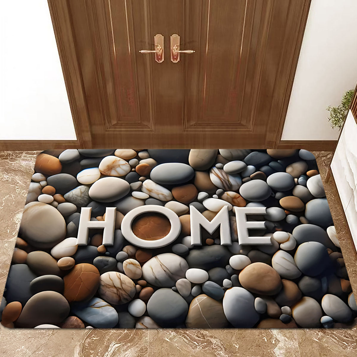 Welcome home with this 1PC polyester doormat featuring a stylish pebble print. This stain-resistant, lightweight, non-slip rectangle entrance mat is perfect for indoor use. It's easy to dry-clean and ideal for holidays such as Christmas, Halloween