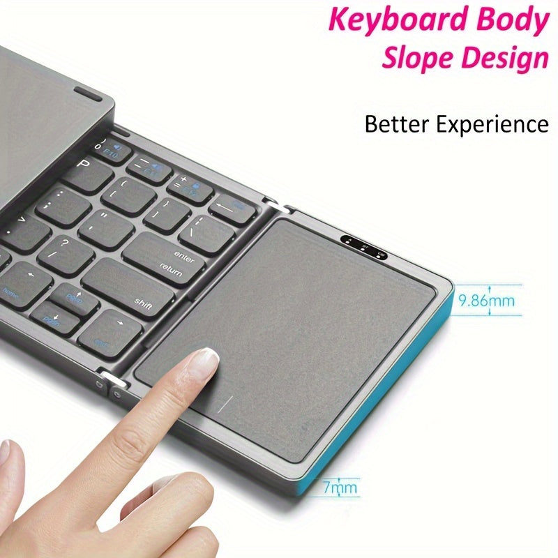 Compact foldable wireless keyboard with touchpad for Windows, Android, iOS, and Mac devices, perfect for tablets and smartphones.