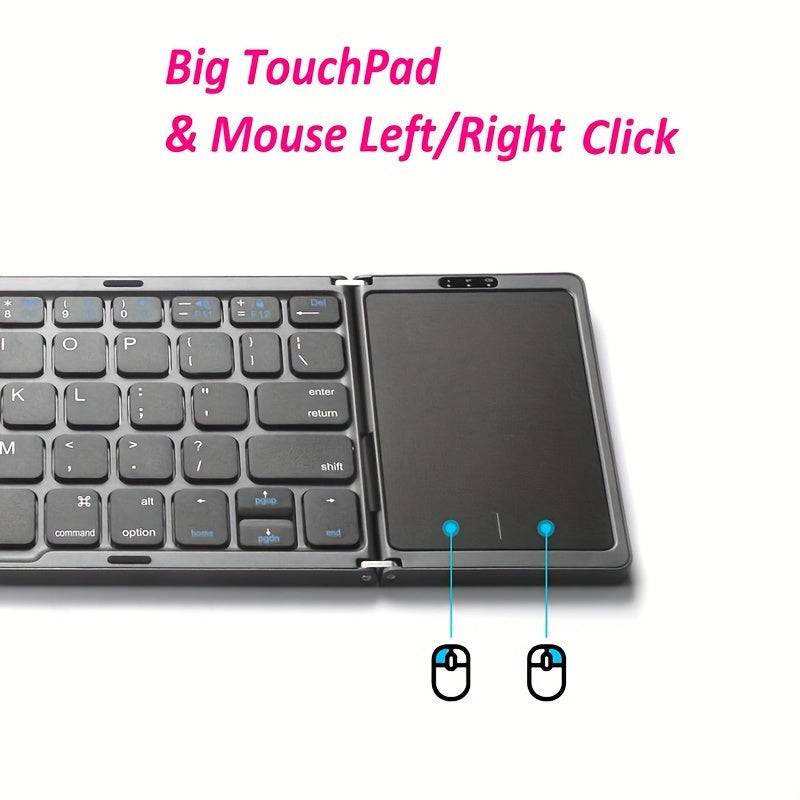 Compact foldable wireless keyboard with touchpad for Windows, Android, iOS, and Mac devices, perfect for tablets and smartphones.