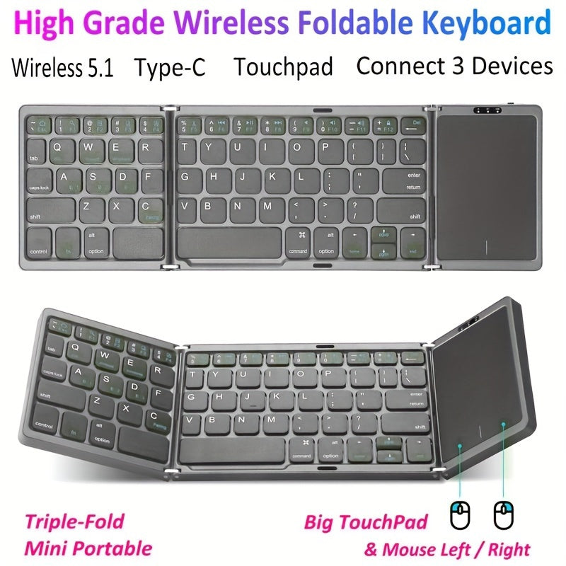 Compact foldable wireless keyboard with touchpad for Windows, Android, iOS, and Mac devices, perfect for tablets and smartphones.