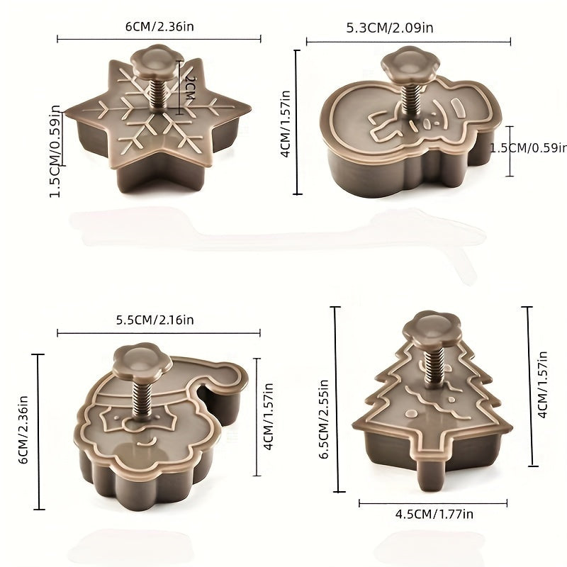 Holiday baking just got more festive with this 4-piece plastic biscuit stamp set featuring a 3D Christmas tree, snowman, snowflake, and Santa hat. Add a touch of holiday cheer to your baked goods with these fun press molds.