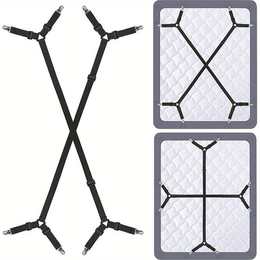 Set of 2 Elastic Knitted Bed Sheet Fasteners with Triangle Clips – Adjustable Mattress Corner Holders for Non-Slip Grip – Hand Washable Straps for Securing Bedding, Sofa Covers, and Tablecloths