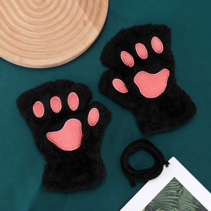 Stylish and Comfortable Cartoon Cat Paw Gloves, Featuring Thick Plush Half-Finger Design for Warmth & Fashion, Ideal for Parties.