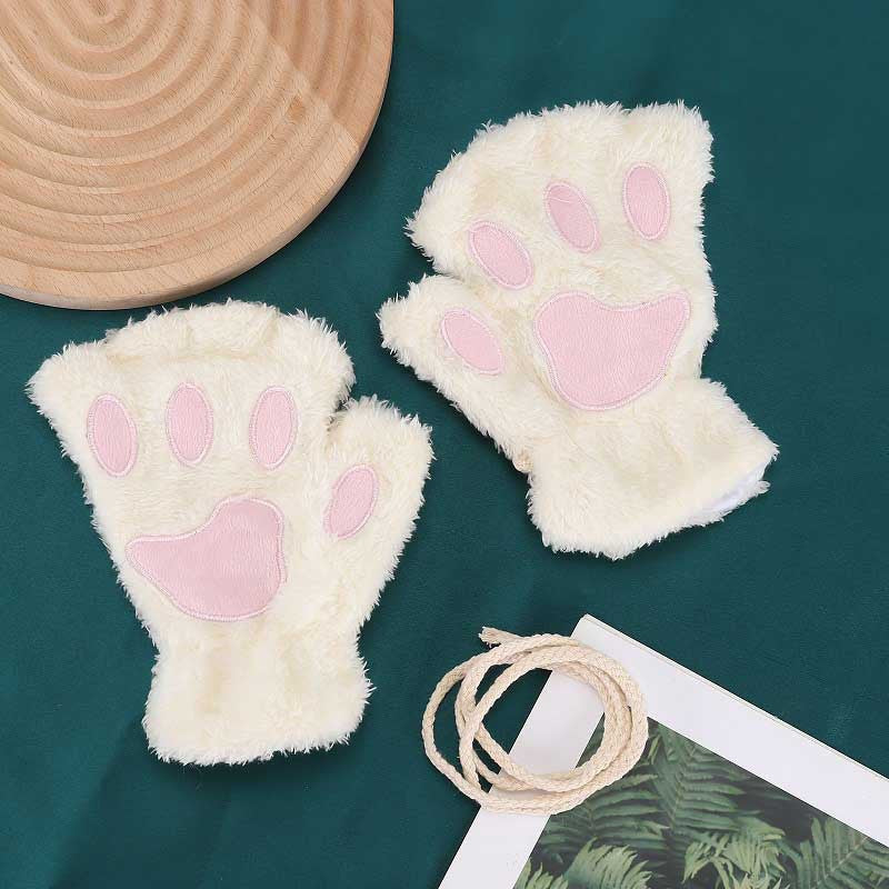 Stylish and Comfortable Cartoon Cat Paw Gloves, Featuring Thick Plush Half-Finger Design for Warmth & Fashion, Ideal for Parties.