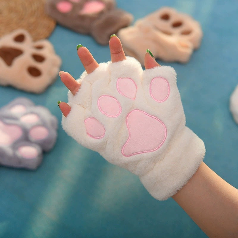 Stylish and Comfortable Cartoon Cat Paw Gloves, Featuring Thick Plush Half-Finger Design for Warmth & Fashion, Ideal for Parties.