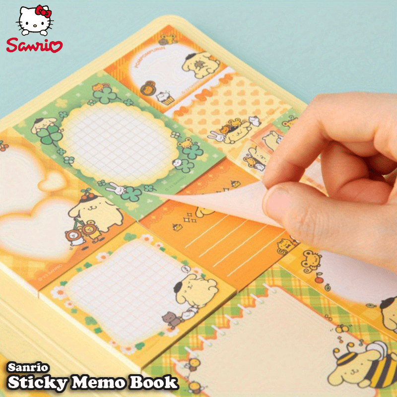 Sanrio Sticky Memo Book includes 2 letter paper & 11 sticky note designs, 330 sheets in total. A5 size with 6 character covers. Ideal for notes, memos, and letters. Suitable for students