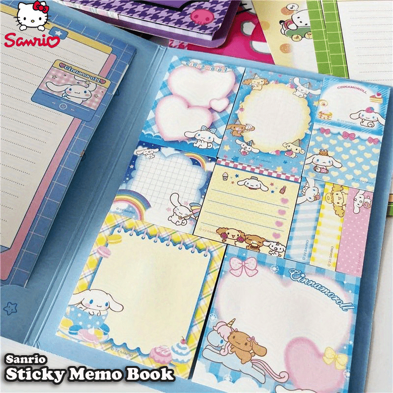 Sanrio Sticky Memo Book includes 2 letter paper & 11 sticky note designs, 330 sheets in total. A5 size with 6 character covers. Ideal for notes, memos, and letters. Suitable for students