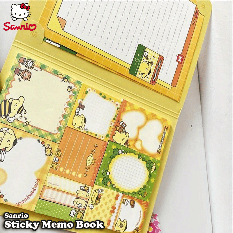 Sanrio Sticky Memo Book includes 2 letter paper & 11 sticky note designs, 330 sheets in total. A5 size with 6 character covers. Ideal for notes, memos, and letters. Suitable for students