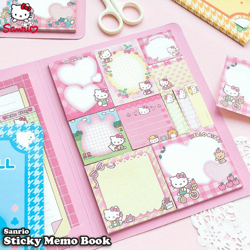 Sanrio Sticky Memo Book includes 2 letter paper & 11 sticky note designs, 330 sheets in total. A5 size with 6 character covers. Ideal for notes, memos, and letters. Suitable for students