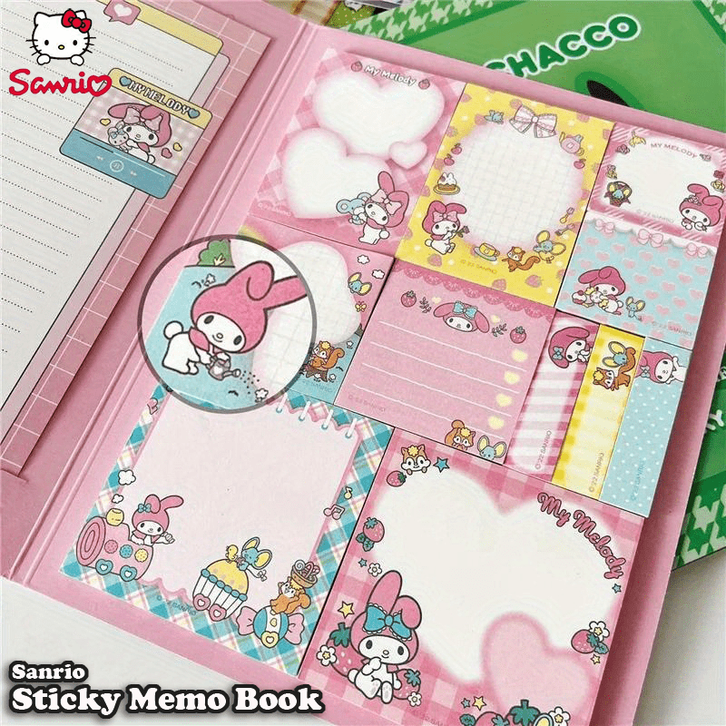 Sanrio Sticky Memo Book includes 2 letter paper & 11 sticky note designs, 330 sheets in total. A5 size with 6 character covers. Ideal for notes, memos, and letters. Suitable for students