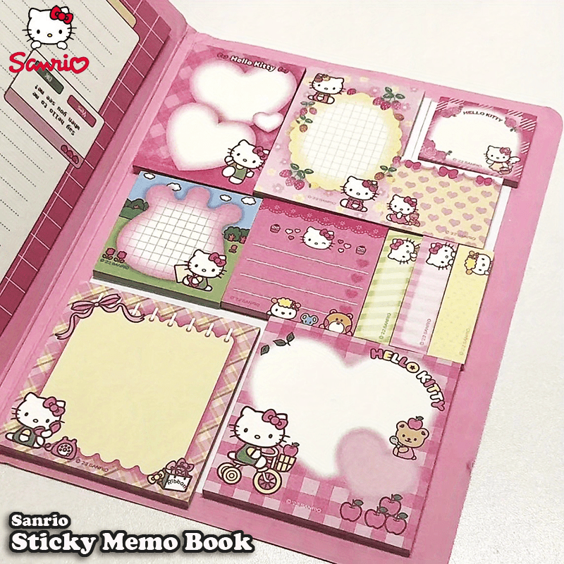 Sanrio Sticky Memo Book includes 2 letter paper & 11 sticky note designs, 330 sheets in total. A5 size with 6 character covers. Ideal for notes, memos, and letters. Suitable for students