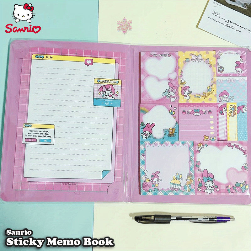 Sanrio Sticky Memo Book includes 2 letter paper & 11 sticky note designs, 330 sheets in total. A5 size with 6 character covers. Ideal for notes, memos, and letters. Suitable for students