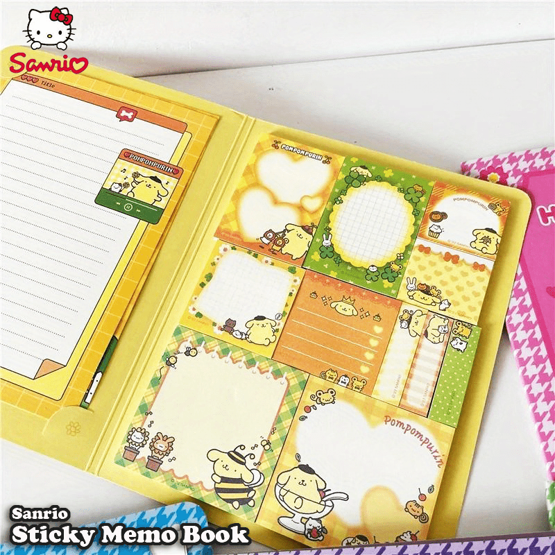 Sanrio Sticky Memo Book includes 2 letter paper & 11 sticky note designs, 330 sheets in total. A5 size with 6 character covers. Ideal for notes, memos, and letters. Suitable for students