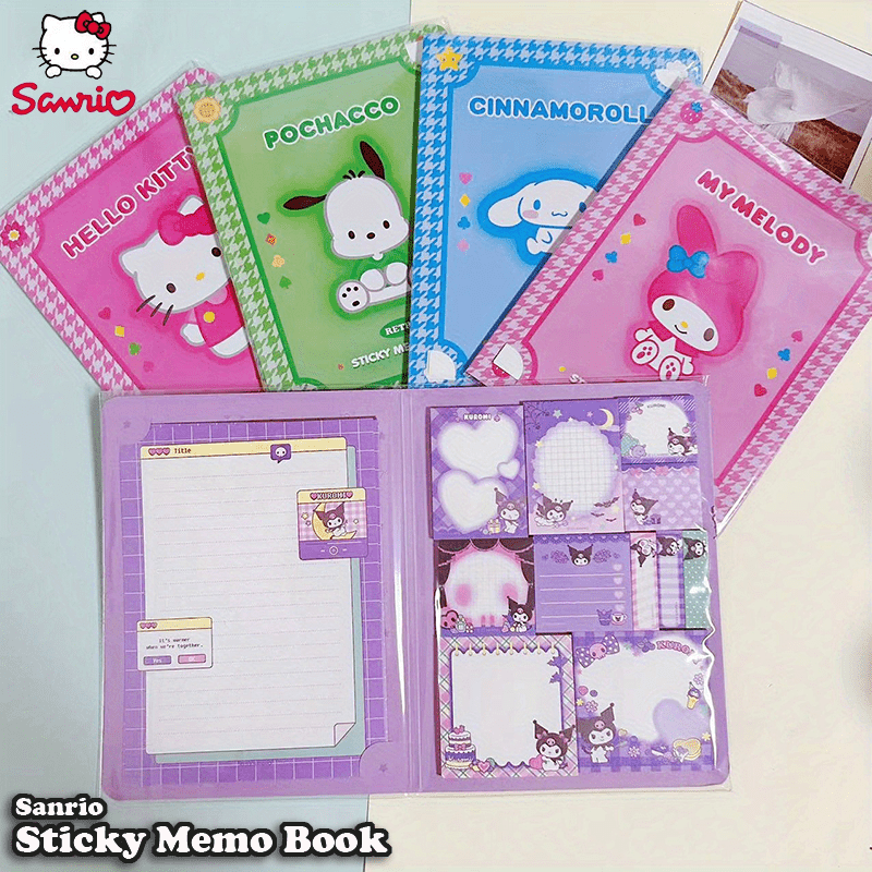 Sanrio Sticky Memo Book includes 2 letter paper & 11 sticky note designs, 330 sheets in total. A5 size with 6 character covers. Ideal for notes, memos, and letters. Suitable for students