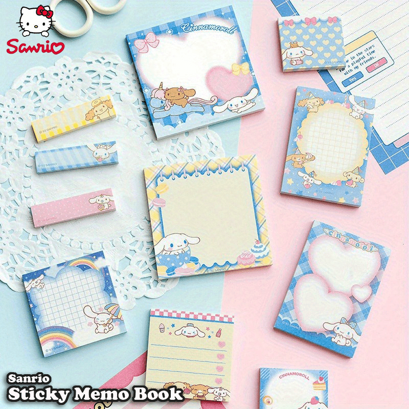 Sanrio Sticky Memo Book includes 2 letter paper & 11 sticky note designs, 330 sheets in total. A5 size with 6 character covers. Ideal for notes, memos, and letters. Suitable for students