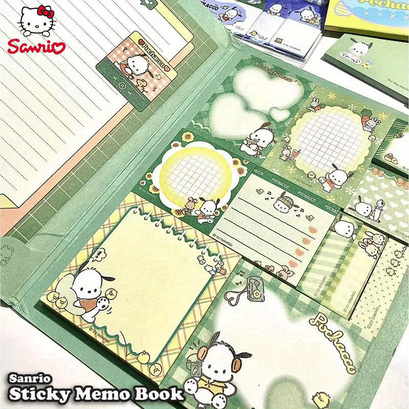 Sanrio Sticky Memo Book includes 2 letter paper & 11 sticky note designs, 330 sheets in total. A5 size with 6 character covers. Ideal for notes, memos, and letters. Suitable for students