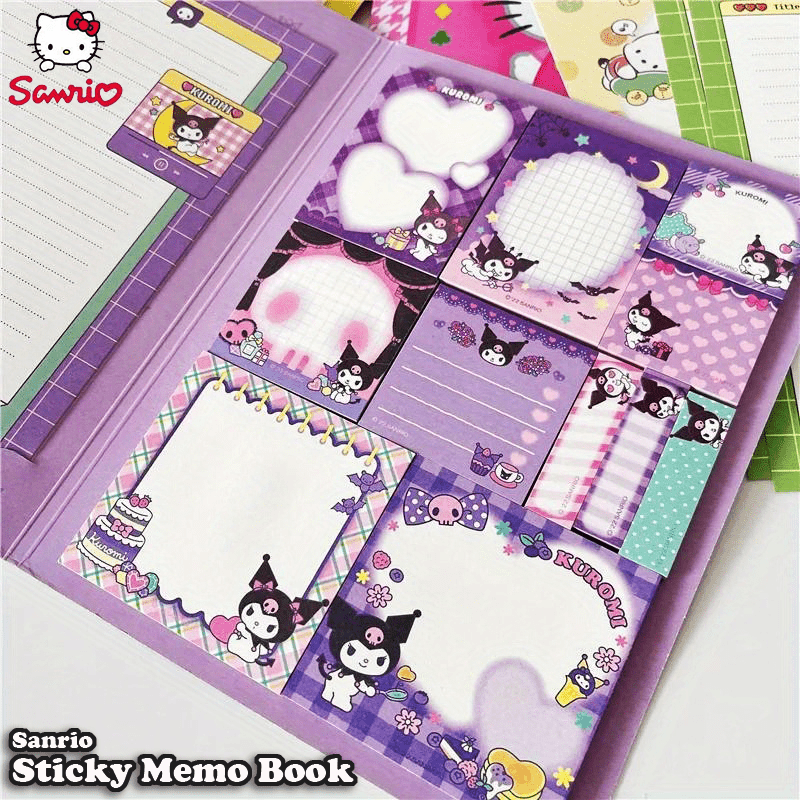 Sanrio Sticky Memo Book includes 2 letter paper & 11 sticky note designs, 330 sheets in total. A5 size with 6 character covers. Ideal for notes, memos, and letters. Suitable for students