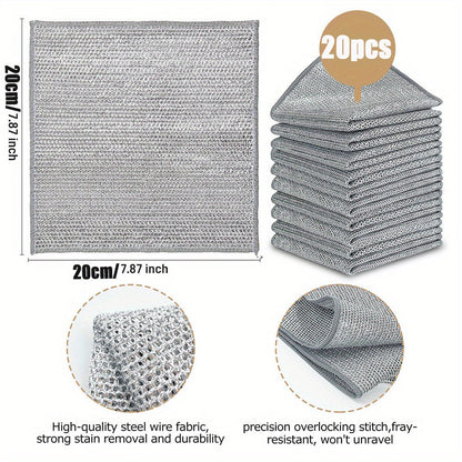 Get a pack of 10/20 stainless steel double-layer wire dishcloths that are perfect for a variety of cleaning tasks. These non-scratch, non-stick, and oil-free cloths can be used on stove surfaces, pots, range hoods, and more. They are versatile mesh