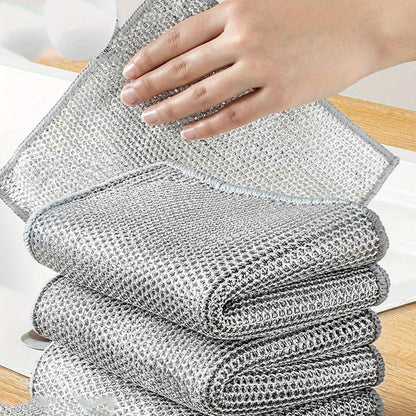 Get a pack of 10/20 stainless steel double-layer wire dishcloths that are perfect for a variety of cleaning tasks. These non-scratch, non-stick, and oil-free cloths can be used on stove surfaces, pots, range hoods, and more. They are versatile mesh