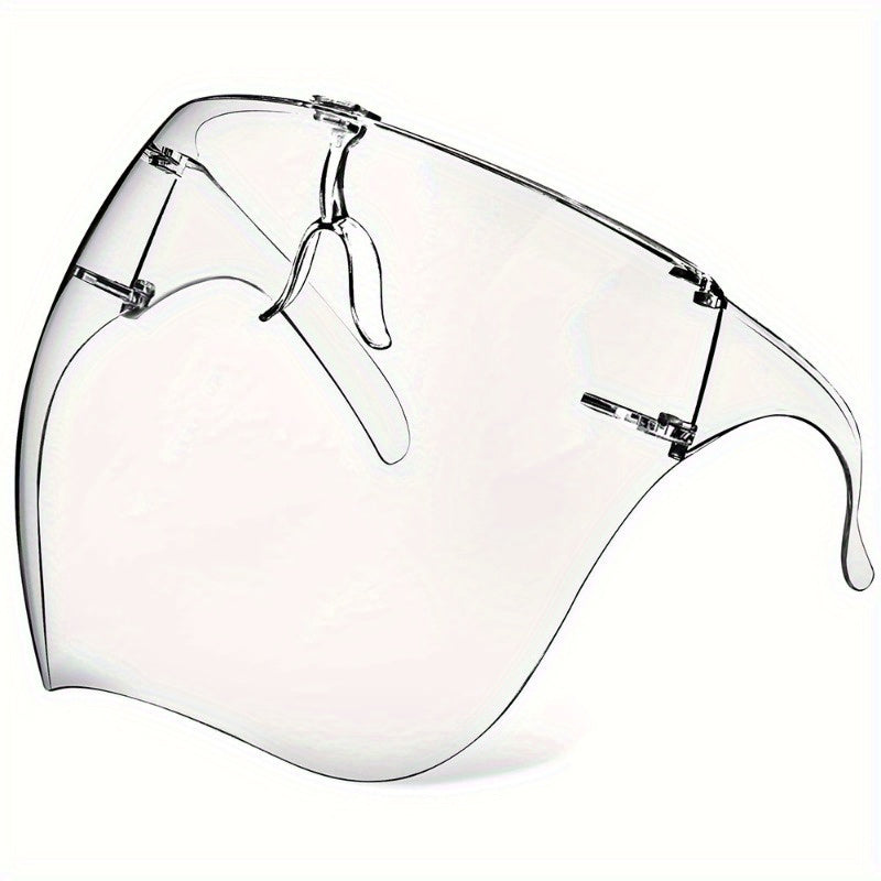 Transparent anti-fog mask with full face protection, suitable for cycling, work, and hospital use, compatible with glasses.