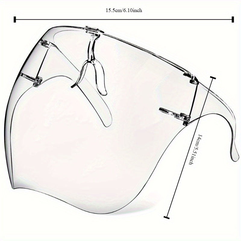 Transparent anti-fog mask with full face protection, suitable for cycling, work, and hospital use, compatible with glasses.