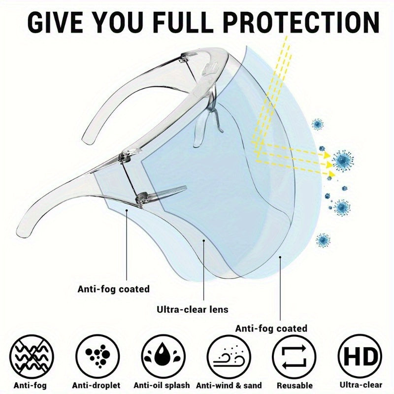 Transparent anti-fog mask with full face protection, suitable for cycling, work, and hospital use, compatible with glasses.