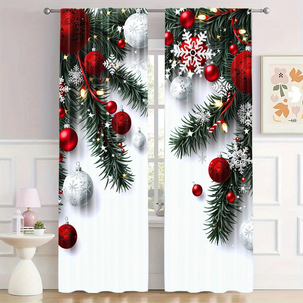 Christmas Ball & Leaf Design Curtains Set - Includes 2 Pieces, Rod Pocket, Digital Print Polyester Drapes for Living Room, Kitchen, Bedroom, Study, and Dining Room Decor, Clothing - Rod Not Included