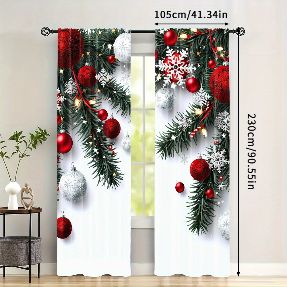 Christmas Ball & Leaf Design Curtains Set - Includes 2 Pieces, Rod Pocket, Digital Print Polyester Drapes for Living Room, Kitchen, Bedroom, Study, and Dining Room Decor, Clothing - Rod Not Included