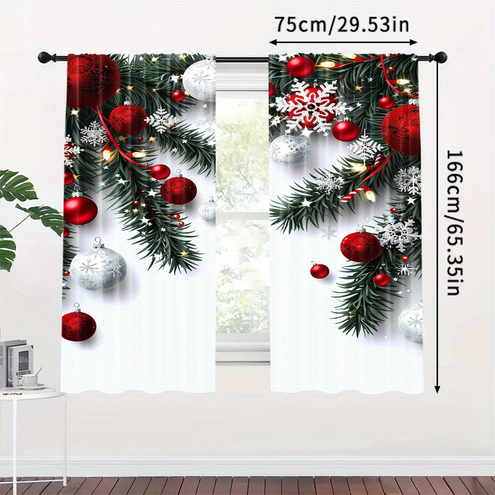 Christmas Ball & Leaf Design Curtains Set - Includes 2 Pieces, Rod Pocket, Digital Print Polyester Drapes for Living Room, Kitchen, Bedroom, Study, and Dining Room Decor, Clothing - Rod Not Included