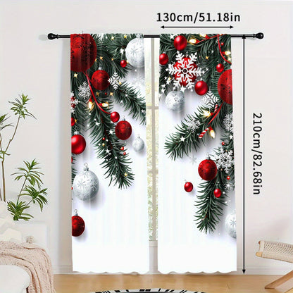 Christmas Ball & Leaf Design Curtains Set - Includes 2 Pieces, Rod Pocket, Digital Print Polyester Drapes for Living Room, Kitchen, Bedroom, Study, and Dining Room Decor, Clothing - Rod Not Included